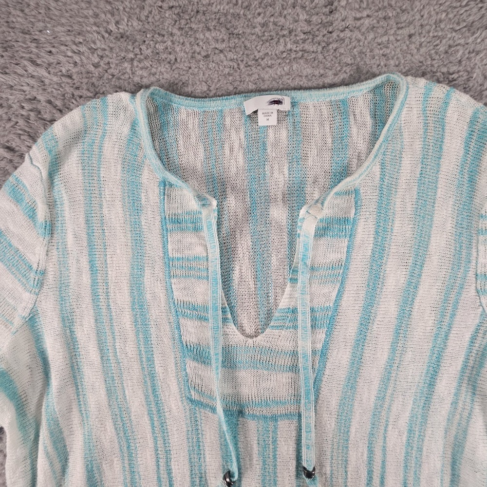 J.Jill Sweater Womens M Striped Open Knit Tassel V Neck Pockets Linen Swim Cover - Picture 2 of 12